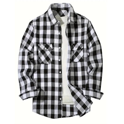 Geruit overshirt voor heren met blokruit en twee borstzakken - zwart/wit