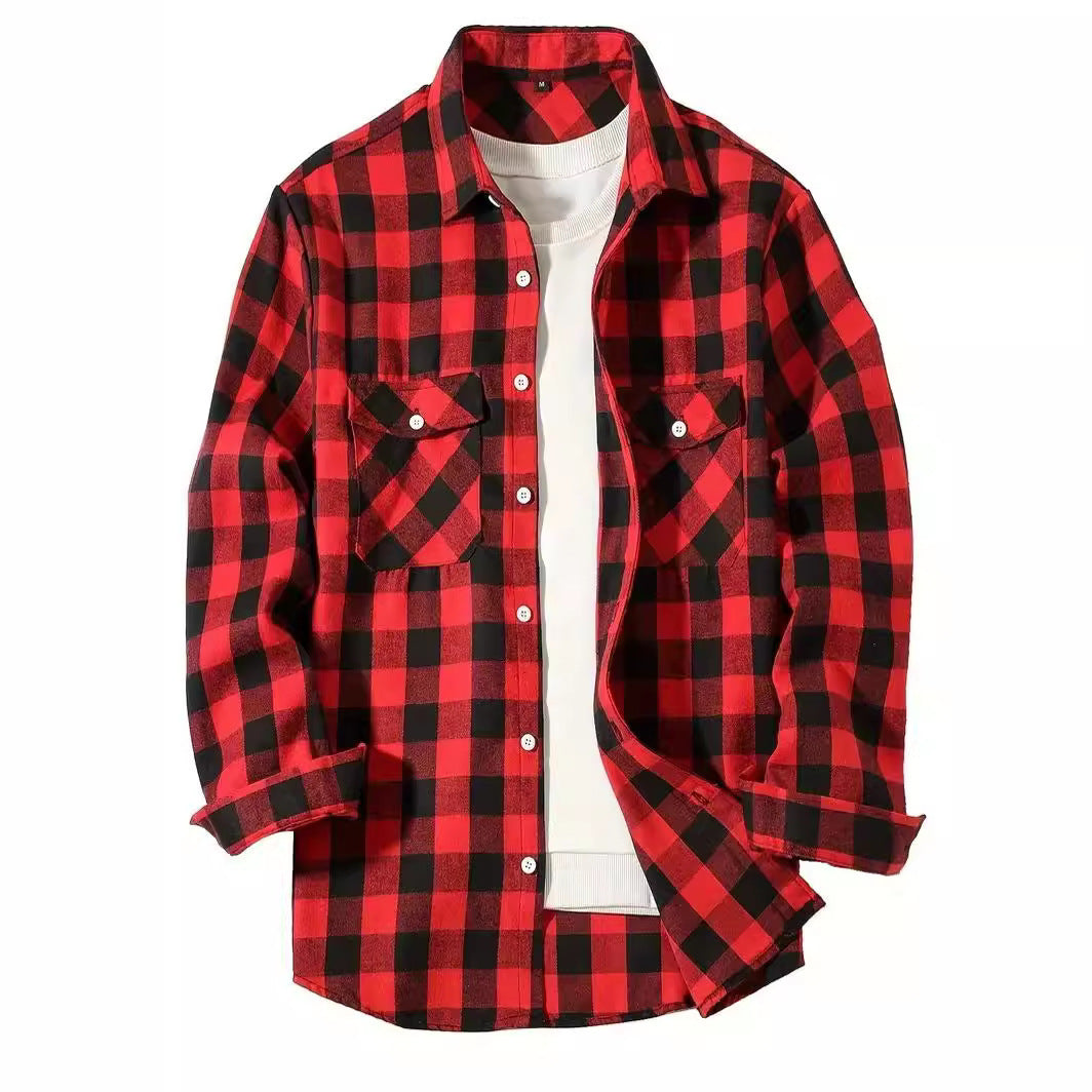 Geruit overshirt voor heren met blokruit en twee borstzakken - rood/zwart