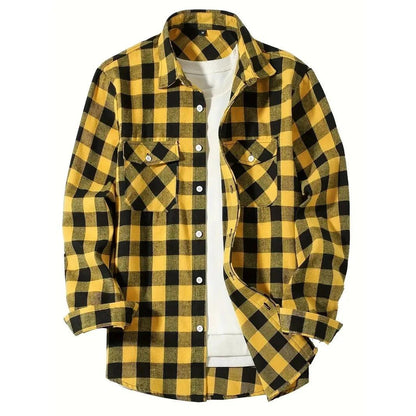 Geruit overshirt voor heren met blokruit en twee borstzakken - geel/zwart