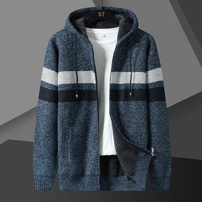 Gestreept gebreid herenvest met capuchon, rits en fleecevoering - blauw