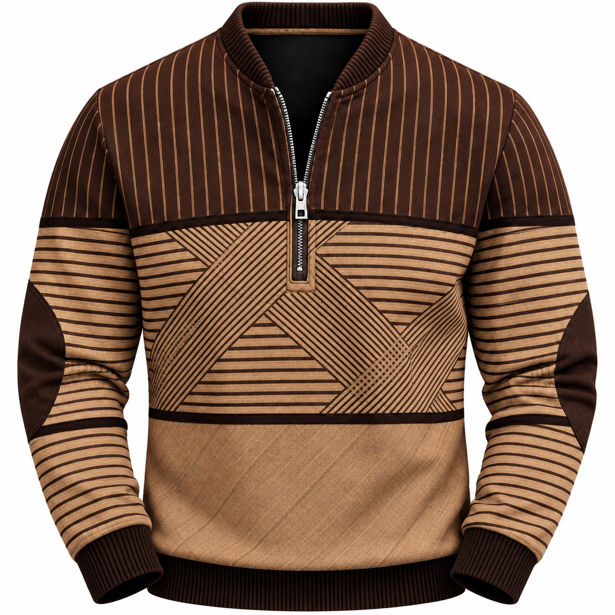 Gestreepte quarter-zip herentrui met elleboogstukken - camel
