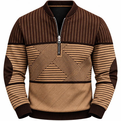 Gestreepte quarter-zip herentrui met elleboogstukken - camel