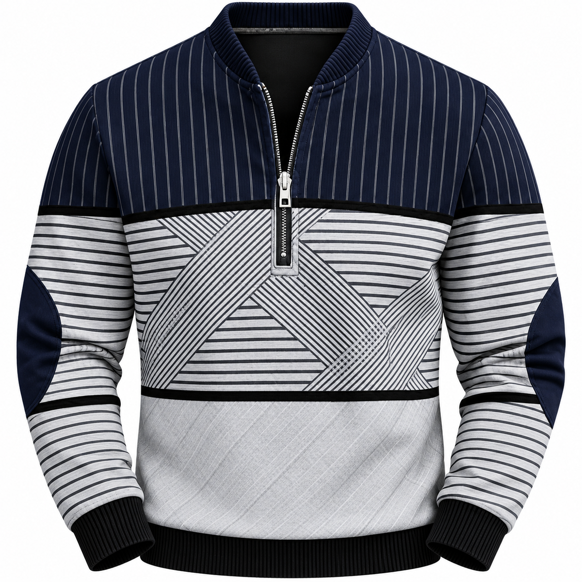 Gestreepte quarter-zip herentrui met elleboogstukken - donkerblauw