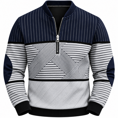 Gestreepte quarter-zip herentrui met elleboogstukken - donkerblauw