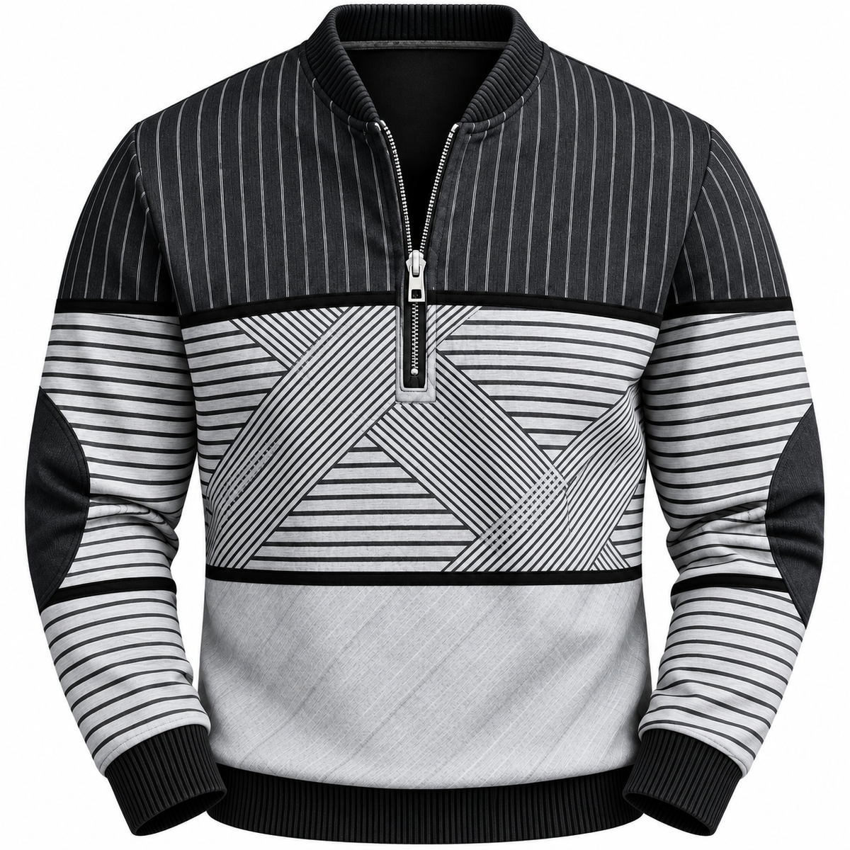 Gestreepte quarter-zip herentrui met elleboogstukken - grijs