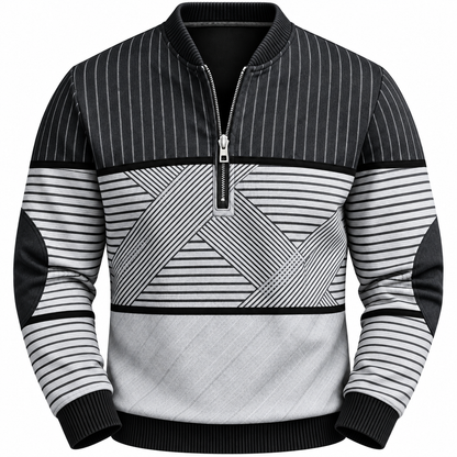 Gestreepte quarter-zip herentrui met elleboogstukken - grijs