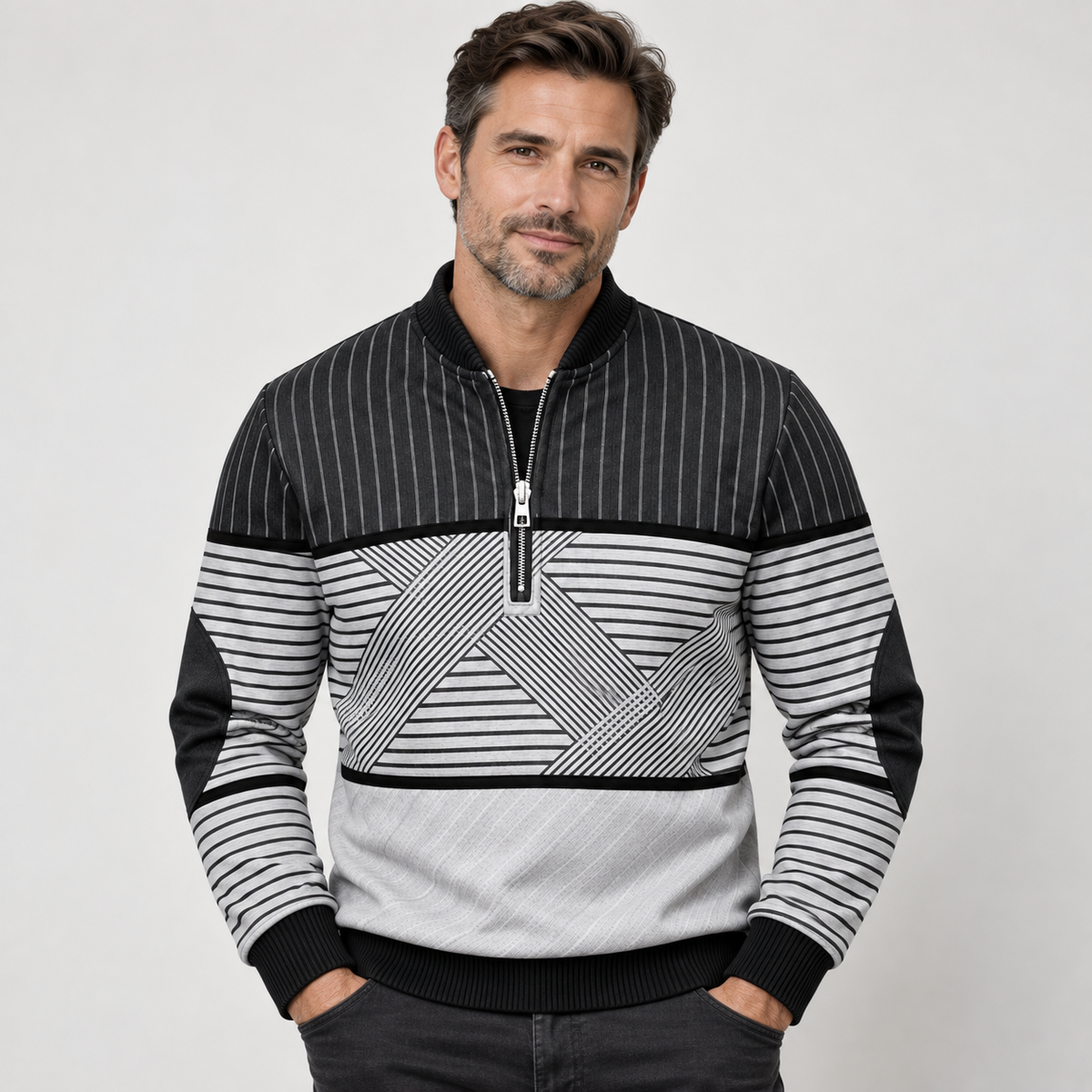 Gestreepte quarter-zip herentrui met elleboogstukken