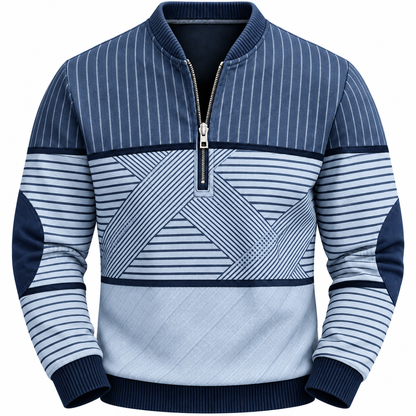 Gestreepte quarter-zip herentrui met elleboogstukken - blauw