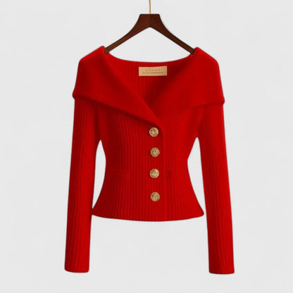Getailleerd geribd damesvest met brede omslagkraag en goudkleurige knopen - rood