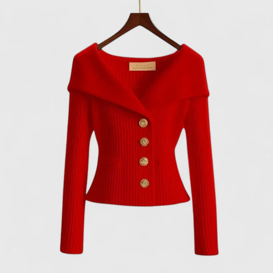 Getailleerd geribd damesvest met brede omslagkraag en goudkleurige knopen - rood