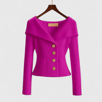 Getailleerd geribd damesvest met brede omslagkraag en goudkleurige knopen - fuchsia