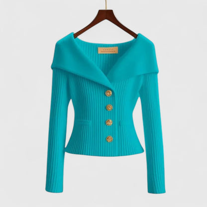 Getailleerd geribd damesvest met brede omslagkraag en goudkleurige knopen - turquoise