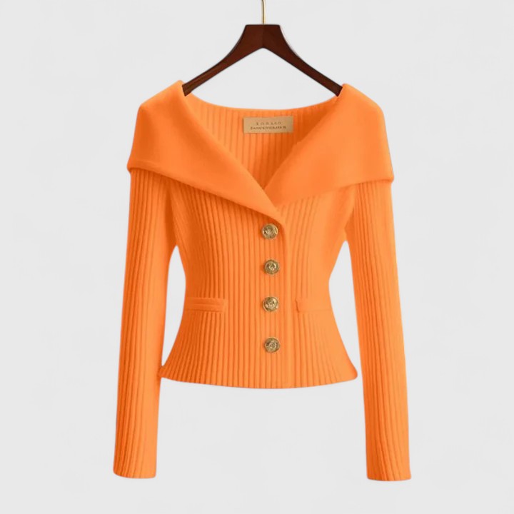 Getailleerd geribd damesvest met brede omslagkraag en goudkleurige knopen - oranje