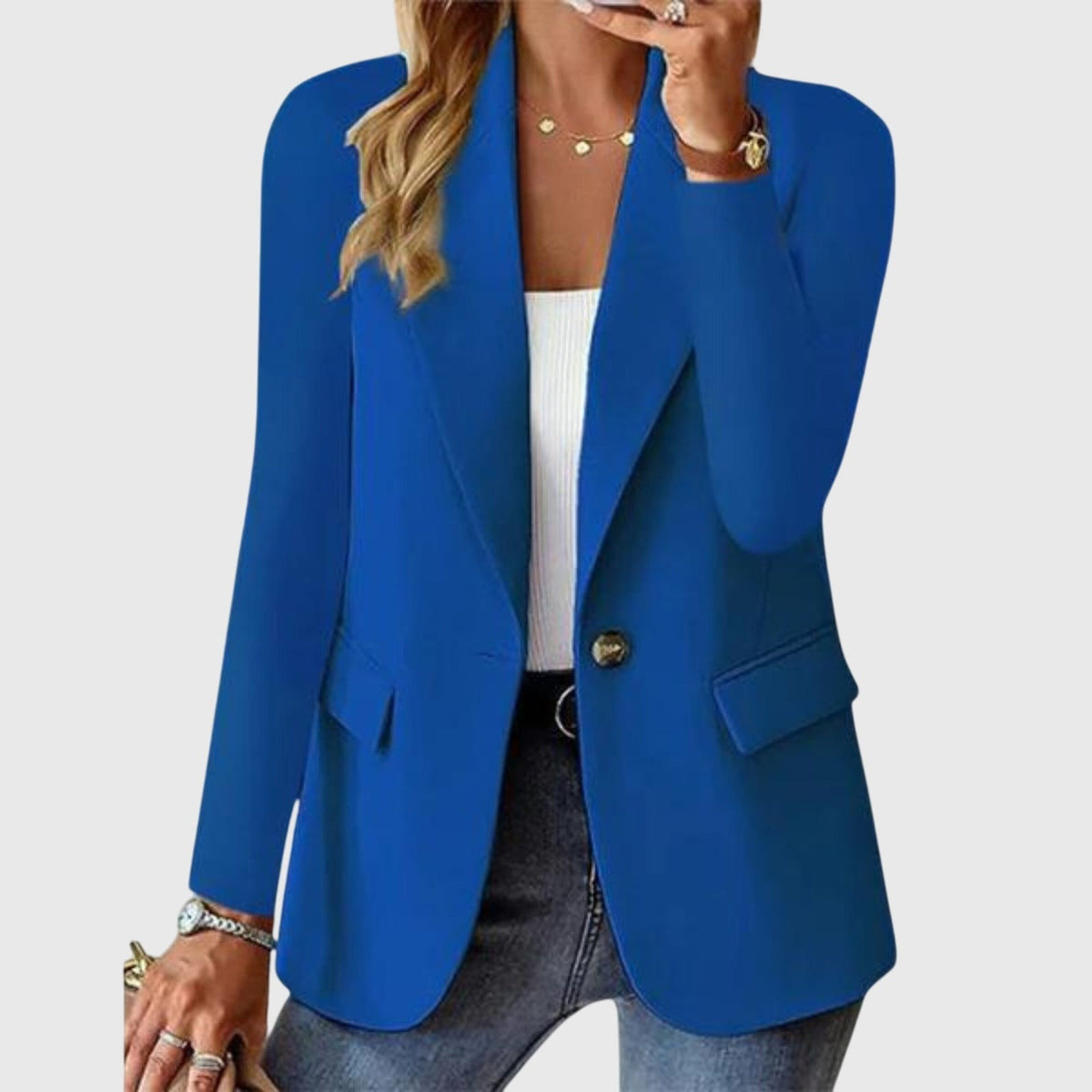 Getailleerde damesblazer met één knoop en klepzakken - kobaltblauw