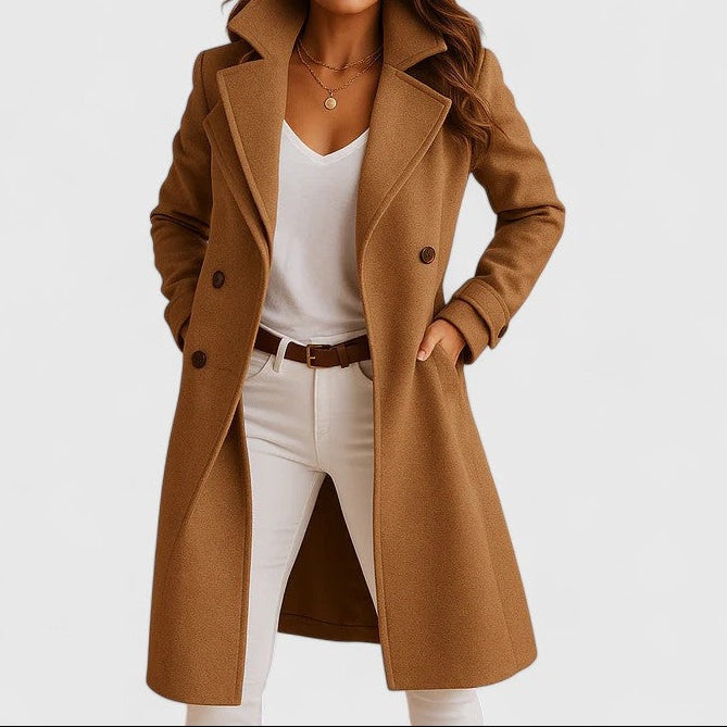 Getailleerde damesjas in wollook met brede revers - camel