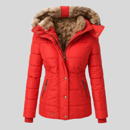 Getailleerde damesparka met capuchon en imitatiebont - rood