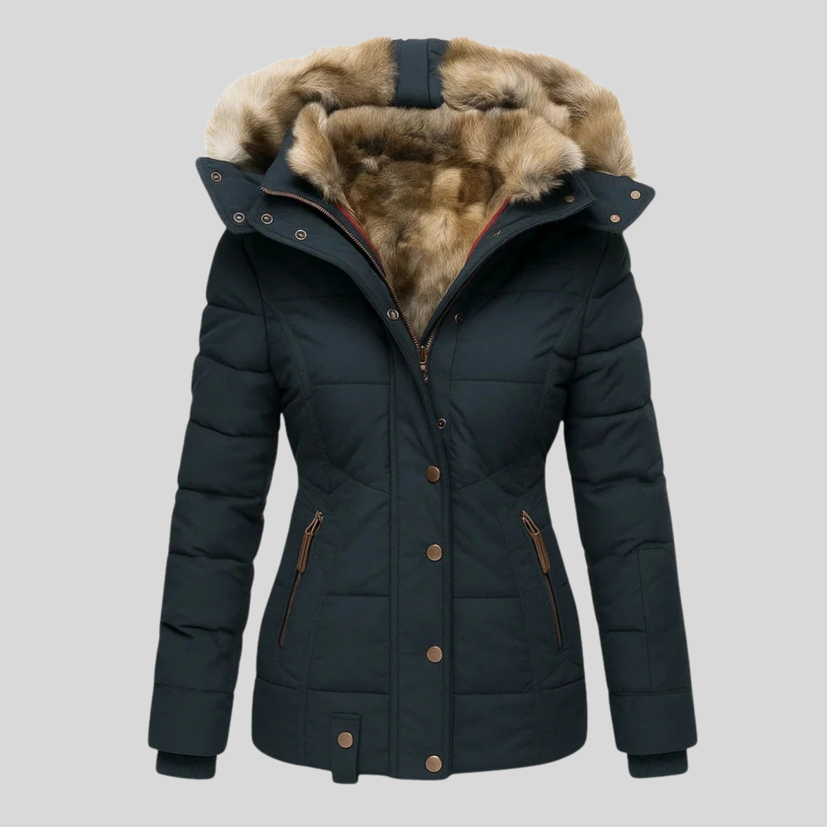 Getailleerde damesparka met capuchon en imitatiebont - donkerblauw