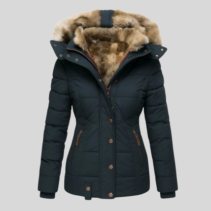 Getailleerde damesparka met capuchon en imitatiebont - donkerblauw