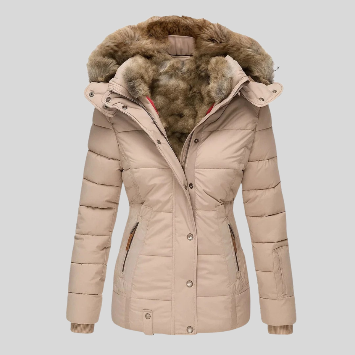 Getailleerde damesparka met capuchon en imitatiebont - beige
