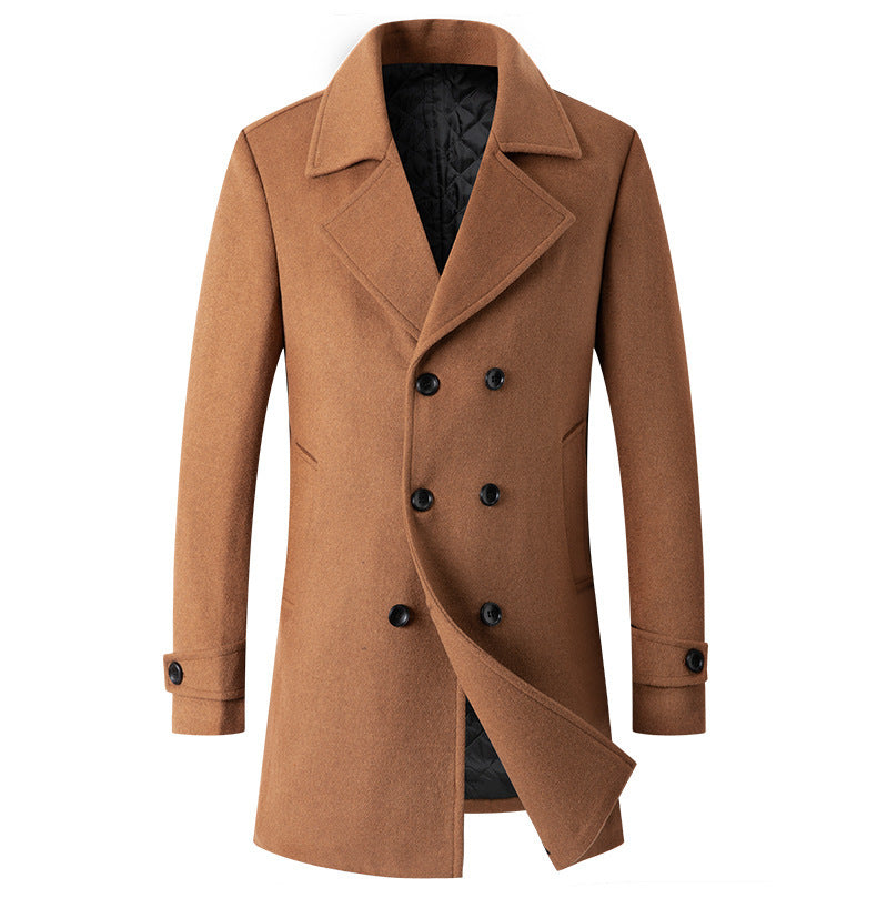 Getailleerde dubbelknoopse herenjas met brede revers - camel