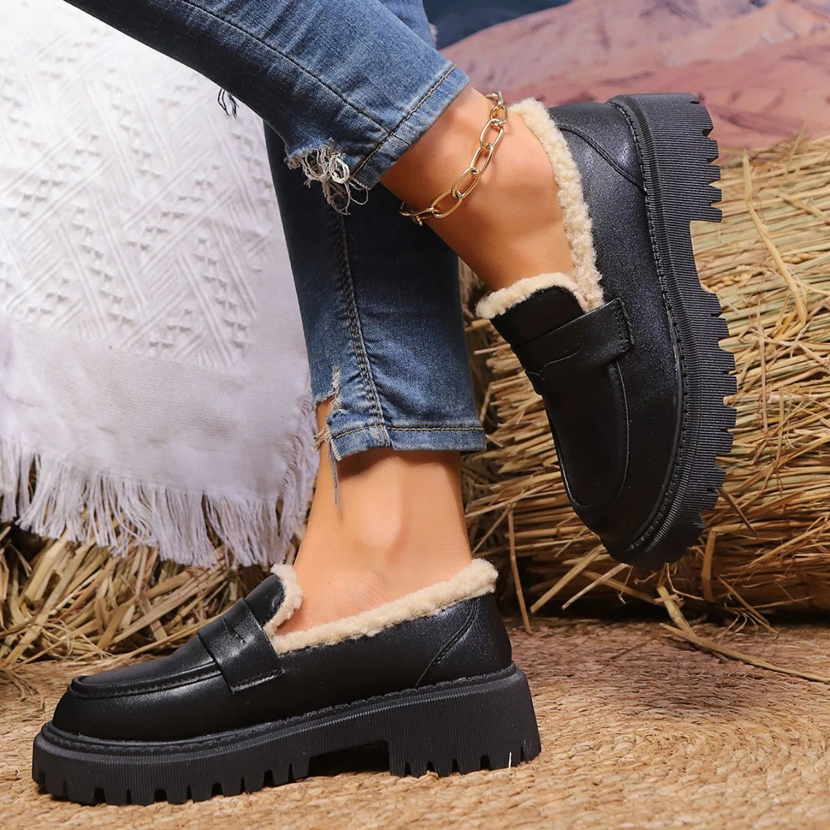 Gevoerde damesloafers met profielzool en imitatiebont - beeld 4