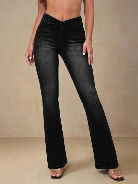Gevoerde flared jeans voor dames met V-vormige tailleband en stretch - zwart