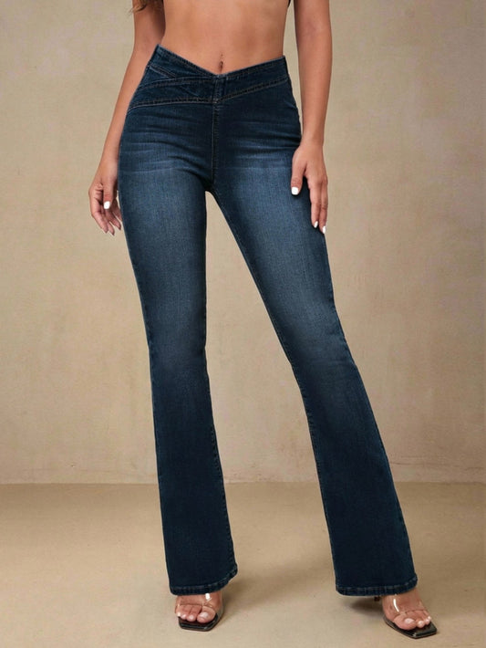 Gevoerde flared jeans voor dames met V-vormige tailleband en stretch - donkerblauw
