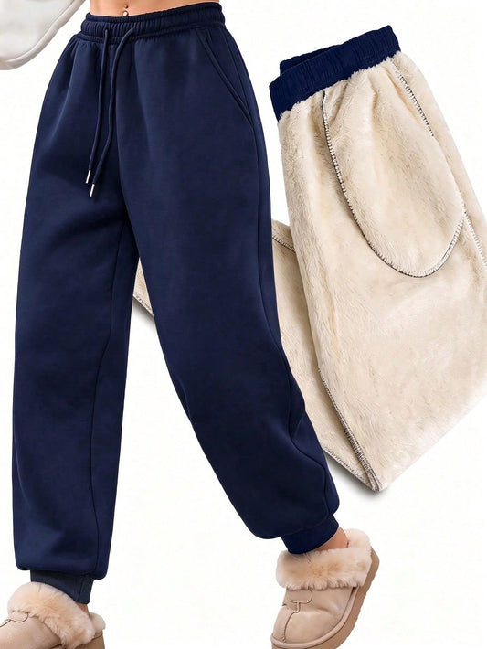 Gevoerde joggingbroek voor dames met teddyvoering en trekkoord - marineblauw
