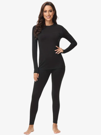 Gevoerde thermoset voor dames met shirt met lange mouwen en legging - zwart
