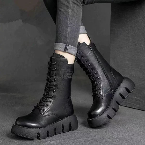 Gevoerde veterboots voor dames met plateauzool en rits