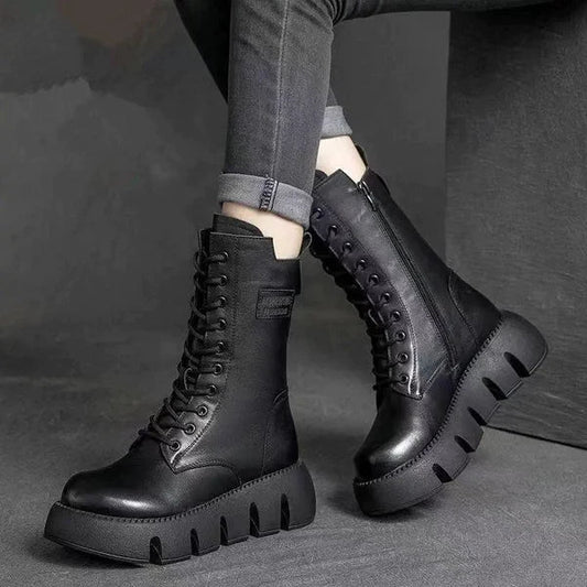 Gevoerde veterboots voor dames met plateauzool en rits