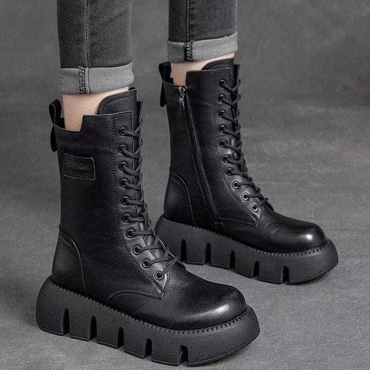 Gevoerde veterboots voor dames met plateauzool en rits