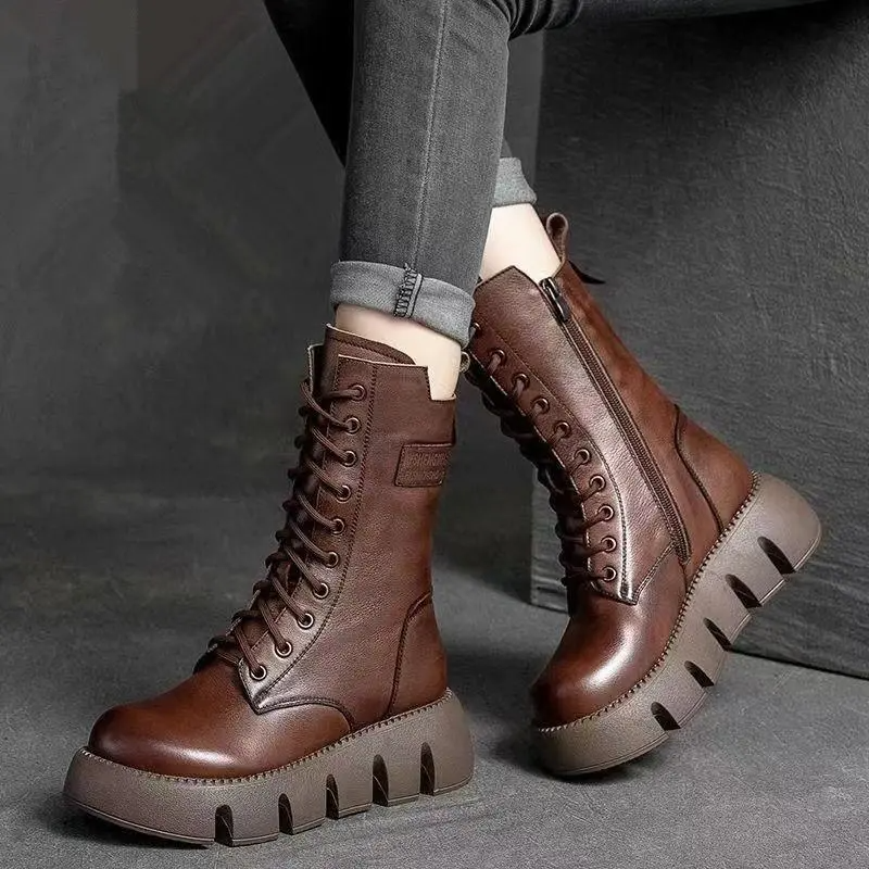 Gevoerde veterboots voor dames met plateauzool en rits