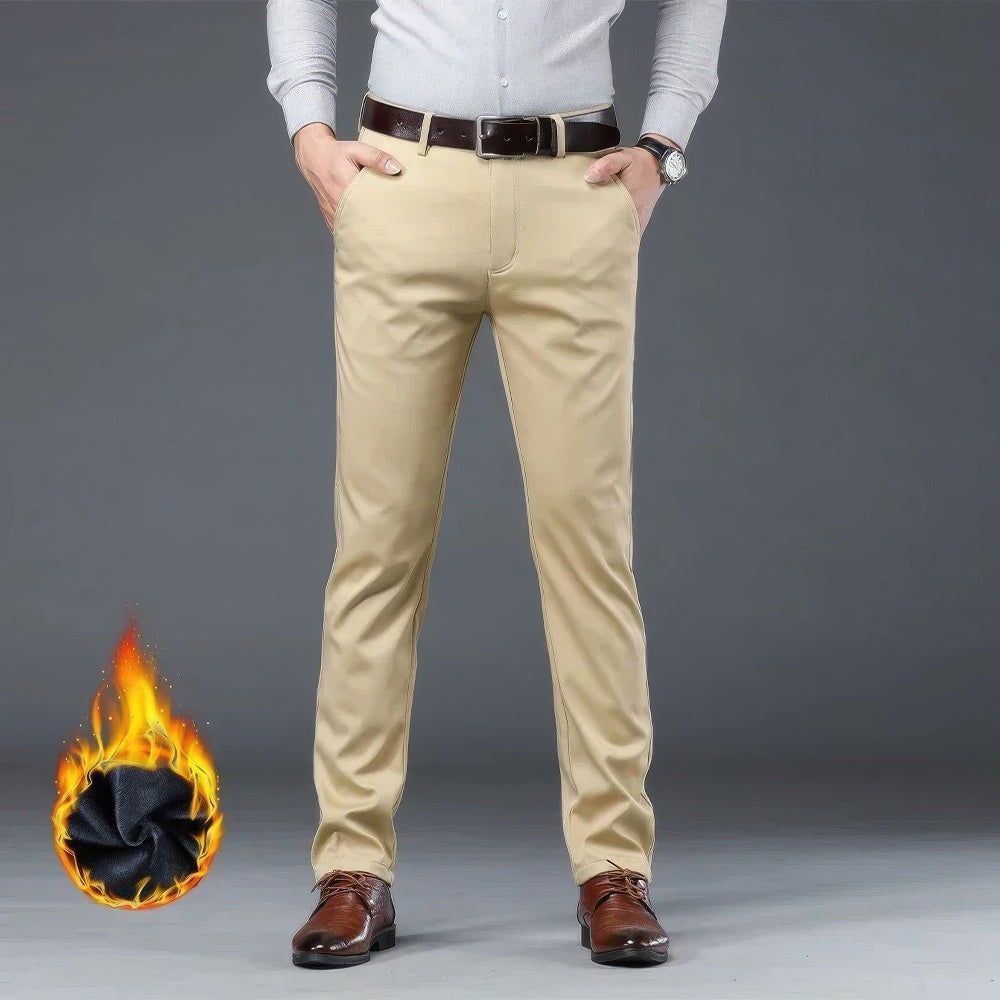 Gevoerde winterbroek voor heren in chinomodel met riemlussen - khaki