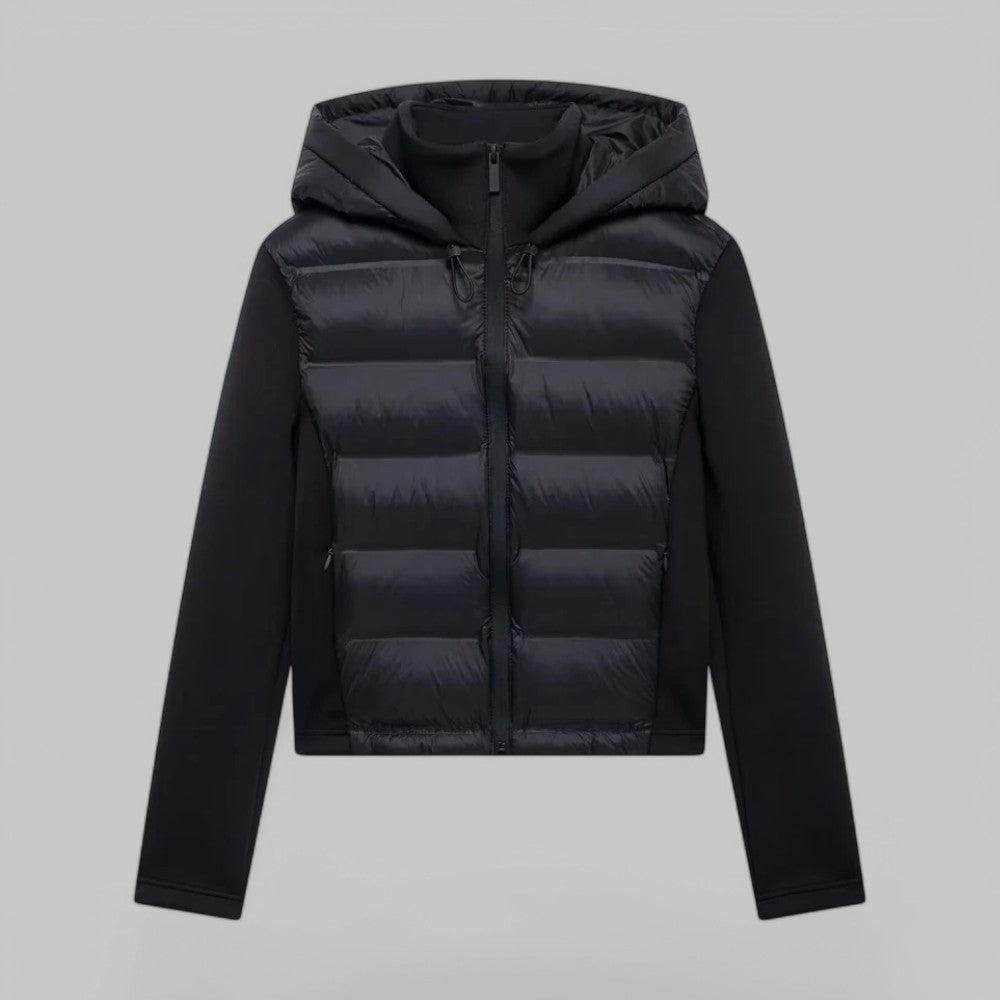 Kort gewatteerd damesjack met capuchon en mouwen van tricot