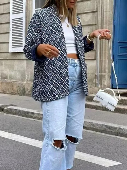 Gewatteerd damesjack in kimonostijl met geometrische print en open voorkant