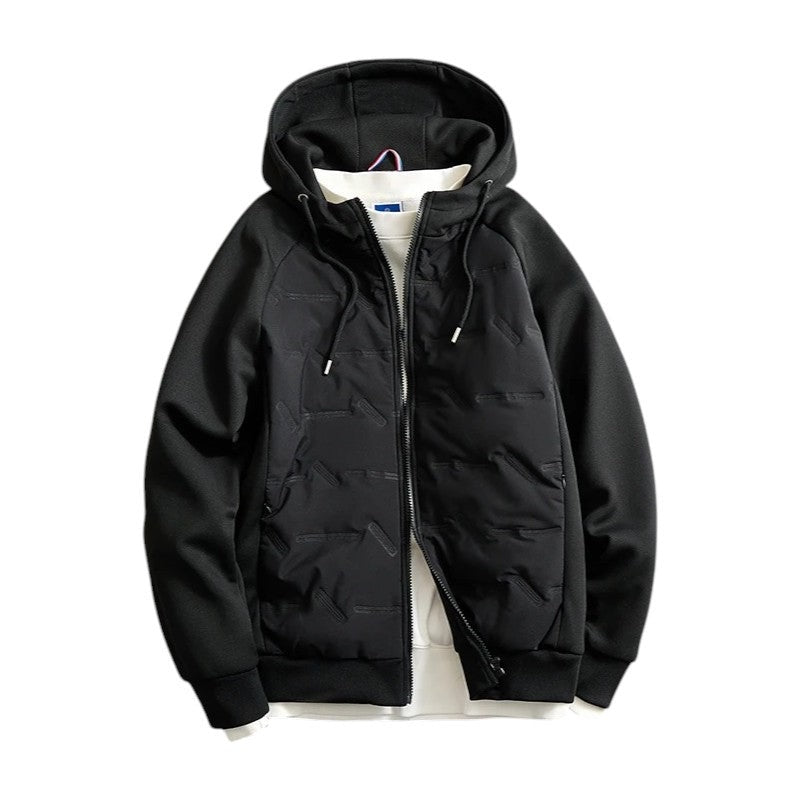 Gewatteerd herenjack met capuchon en mouwen van sweatstof - zwart