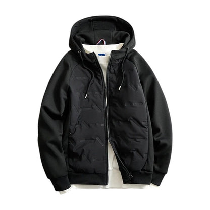 Gewatteerd herenjack met capuchon en mouwen van sweatstof - zwart