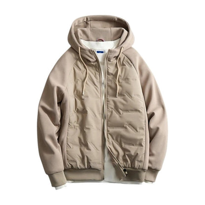 Gewatteerd herenjack met capuchon en mouwen van sweatstof - zandbeige