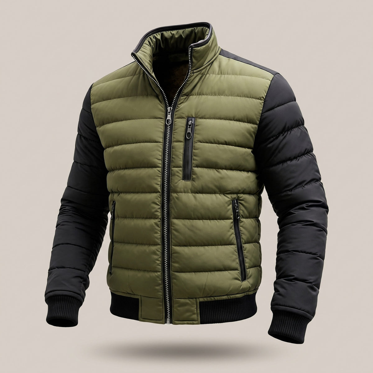 Gewatteerd herenjack met contrasterende mouwen en borstzak - olijfgroen/zwart