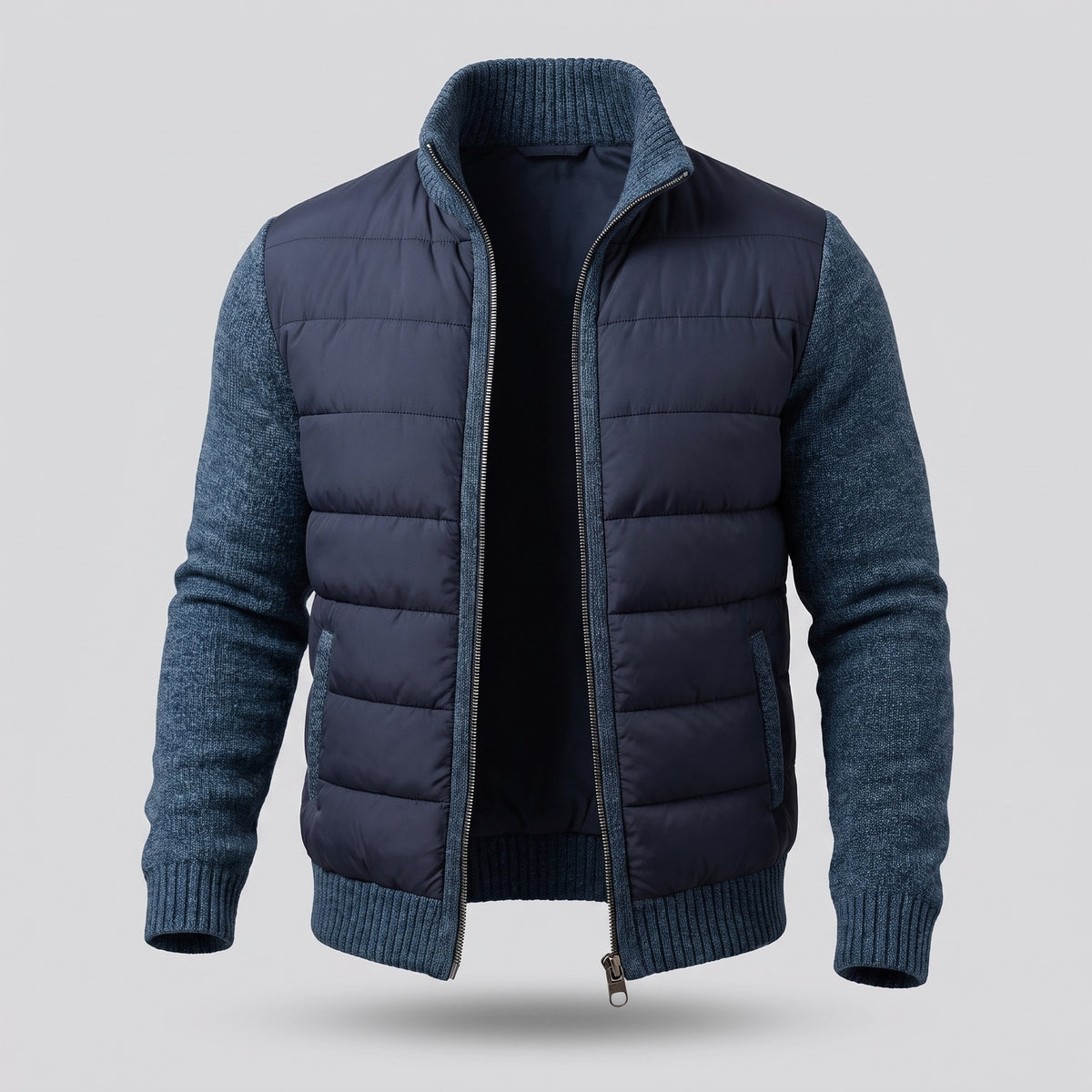 Gewatteerd herenjack met gebreide mouwen en opstaande kraag - marineblauw