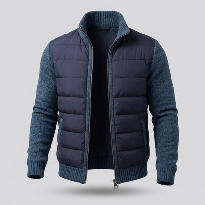 Gewatteerd herenjack met gebreide mouwen en opstaande kraag - marineblauw