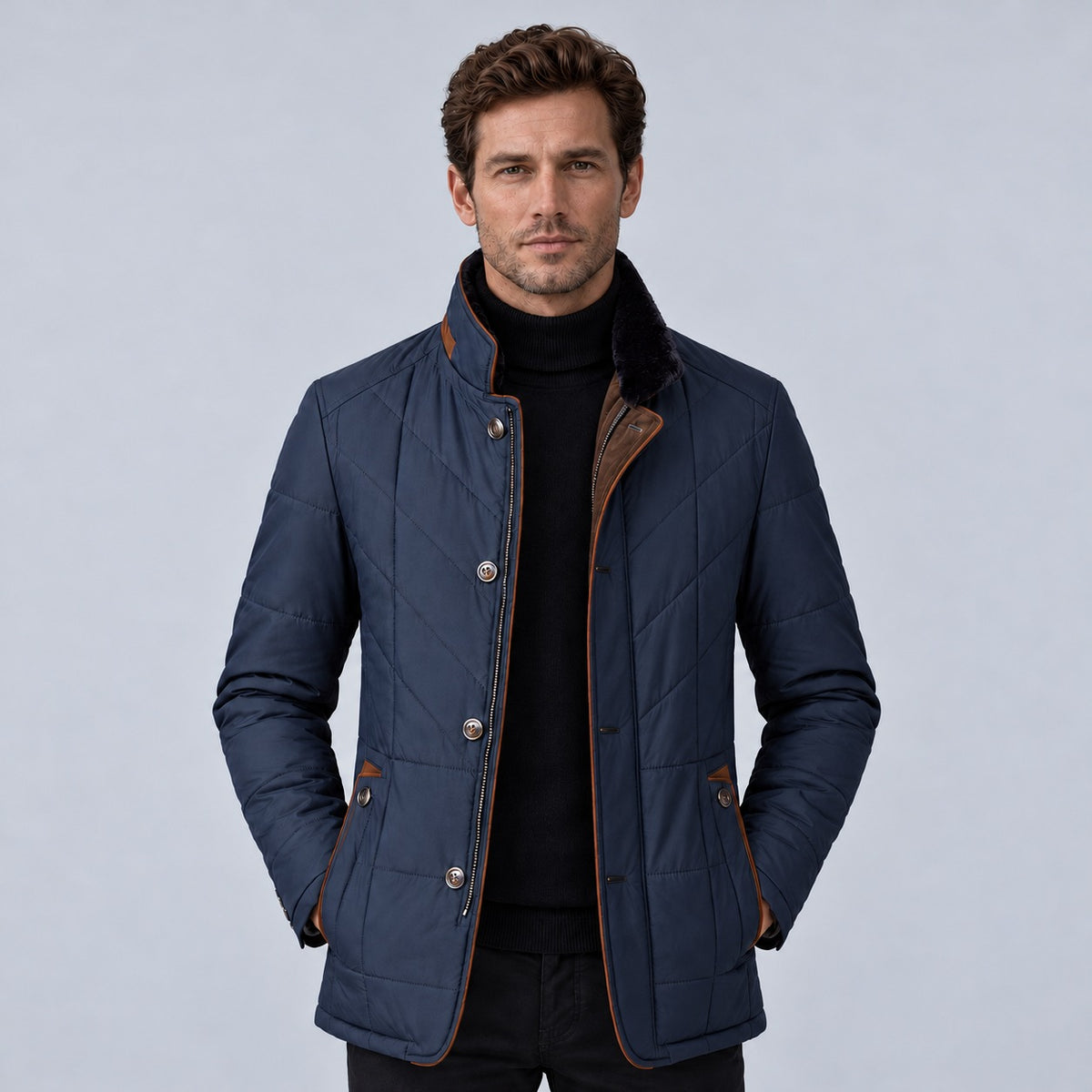 Gewatteerd herenjack met opstaande kraag, bruine bies en knoopsluiting - marineblauw