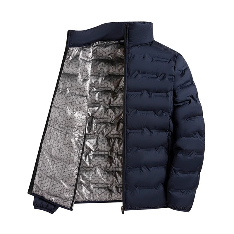 Gewatteerd herenjack met zilverkleurige voering en opstaande kraag - marineblauw