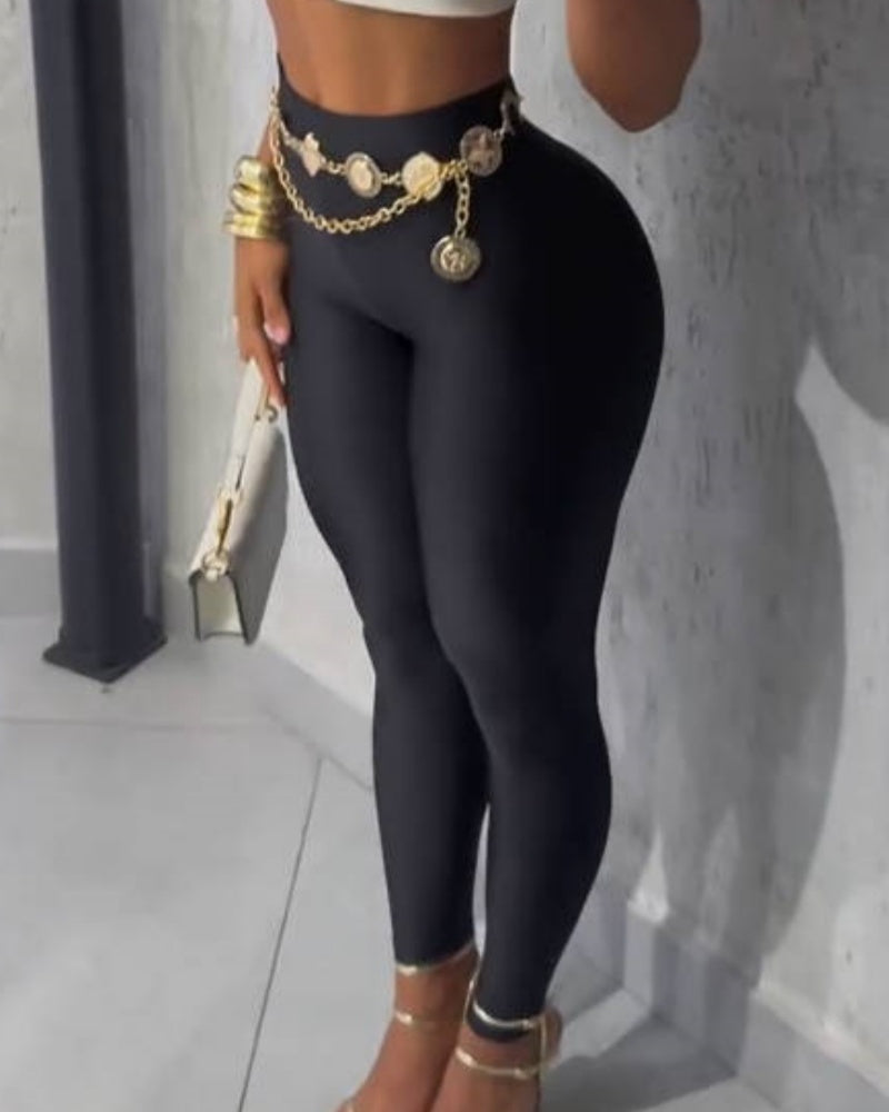 Glanzende enkellange legging met hoge taille, van voren en opzij - zwart