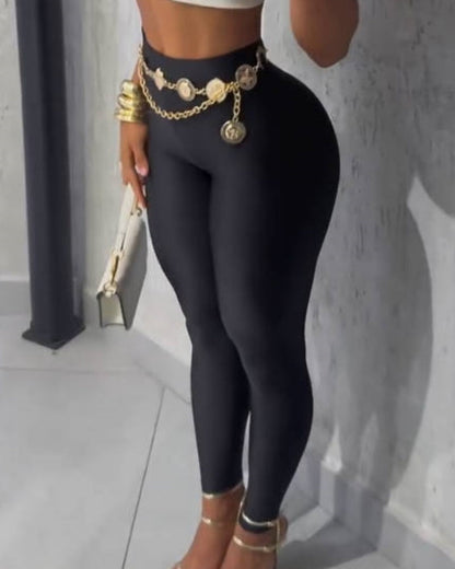 Glanzende enkellange legging met hoge taille, van voren en opzij - zwart
