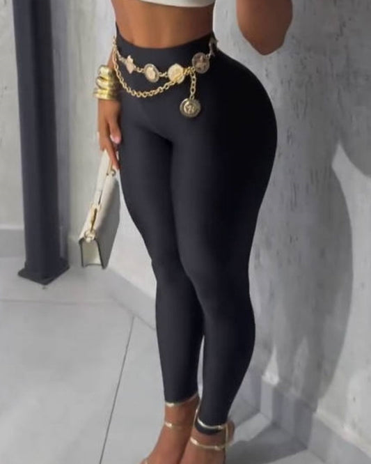 Glanzende enkellange legging met hoge taille, van voren en opzij - zwart