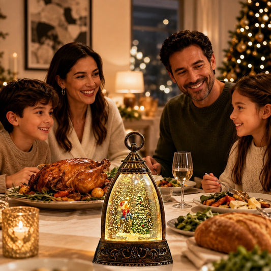 Verlichte glitterlantaarn in klokvorm met kersttafereel - beeld 2