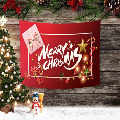 Groot kerstwandkleed met kerstafbeelding aan de muur boven een bank - rode merry christmas-kaart