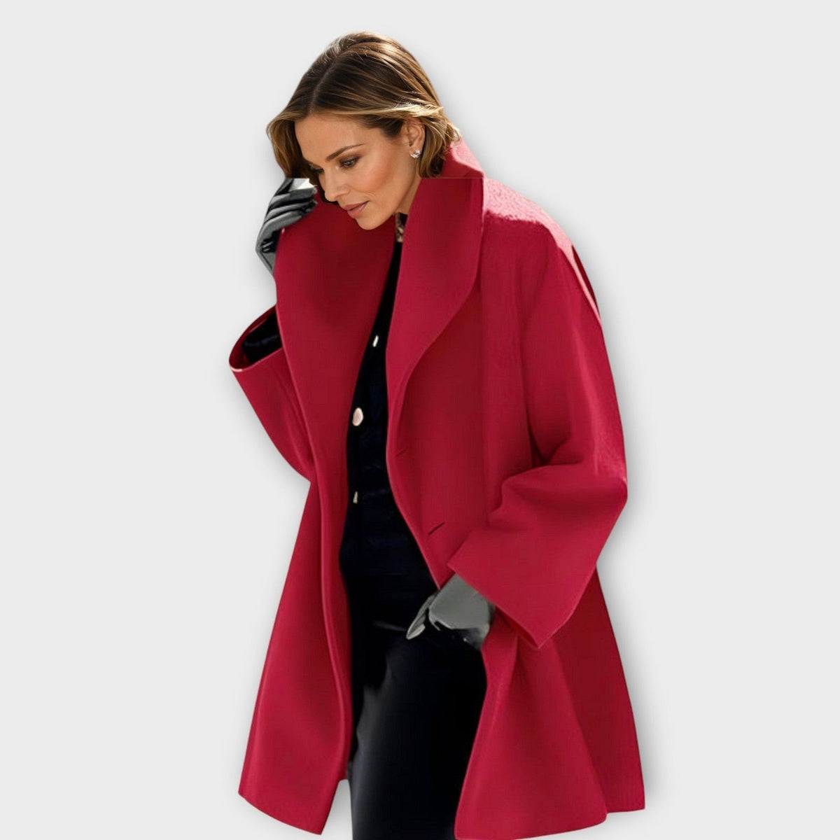 Halflange damesjas in wollook met sjaalkraag en wijde mouwen - rood